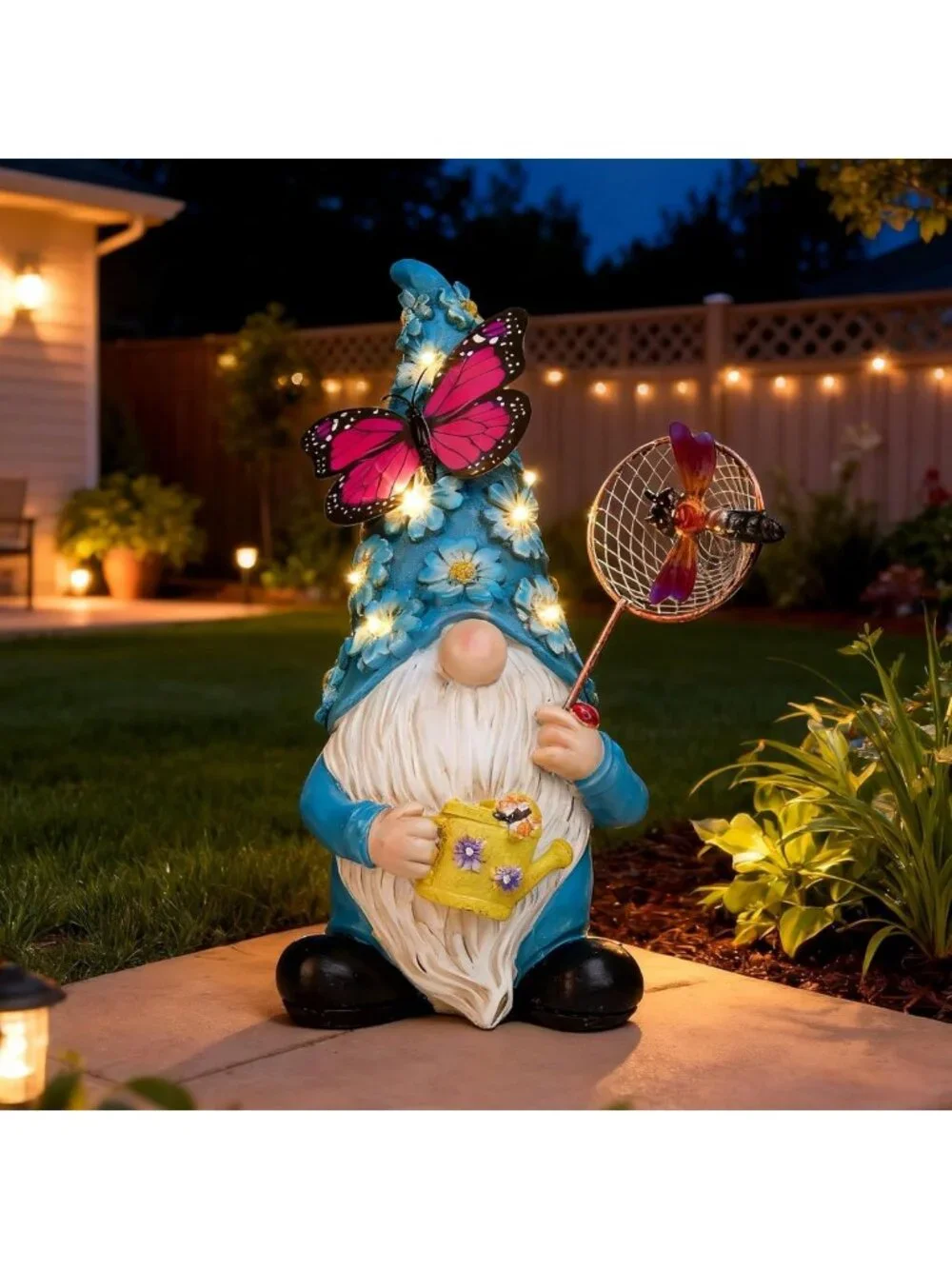 Solar Garden Gnome Statue with Butterfly & LED Flowers - Outdoor Decor for Patio